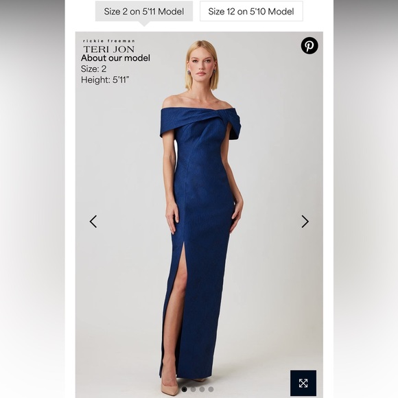 Teri Jon Off-the-Shoulder Navy Maxi Dress with Side Slit